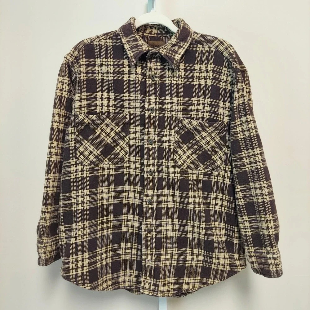 St Johns Bay Men L Brown Plaid Button Up Long Sleeve Cabin Outdoors Grunge Cabin